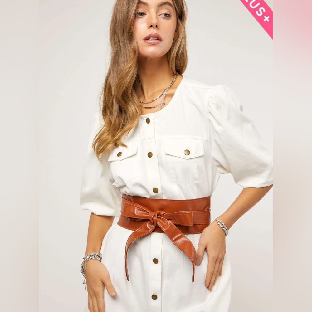 Plus crew Neck Puff Button Placket Slim Fit Dress